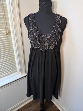 Nic & Dom Black Floral Applique Sleeveless Empire Waist Dress Women’s L USA